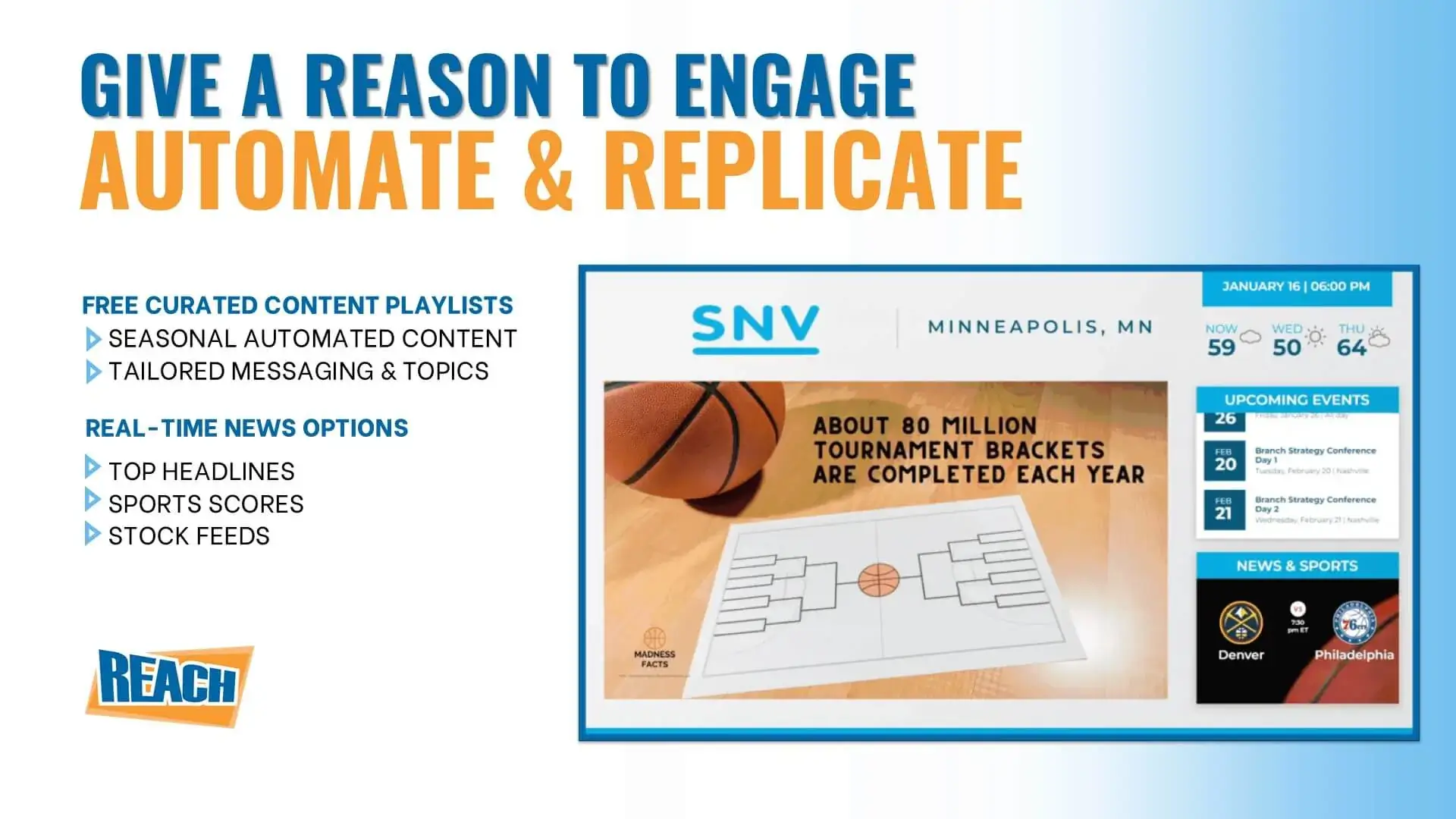 Reach Media Network digital signage showing upcoming events, sports scores, weather, and tournament standings