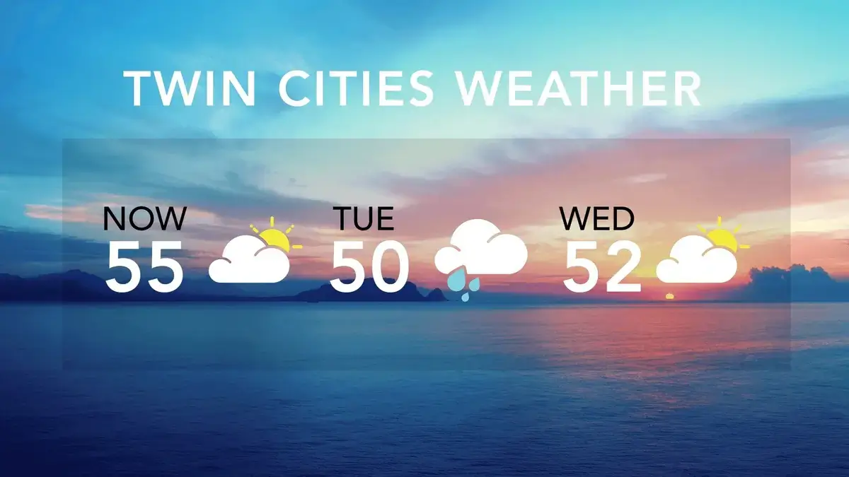 Digital signage screen from Reach Media Network displaying Twin Cities weather with sunset imagery.