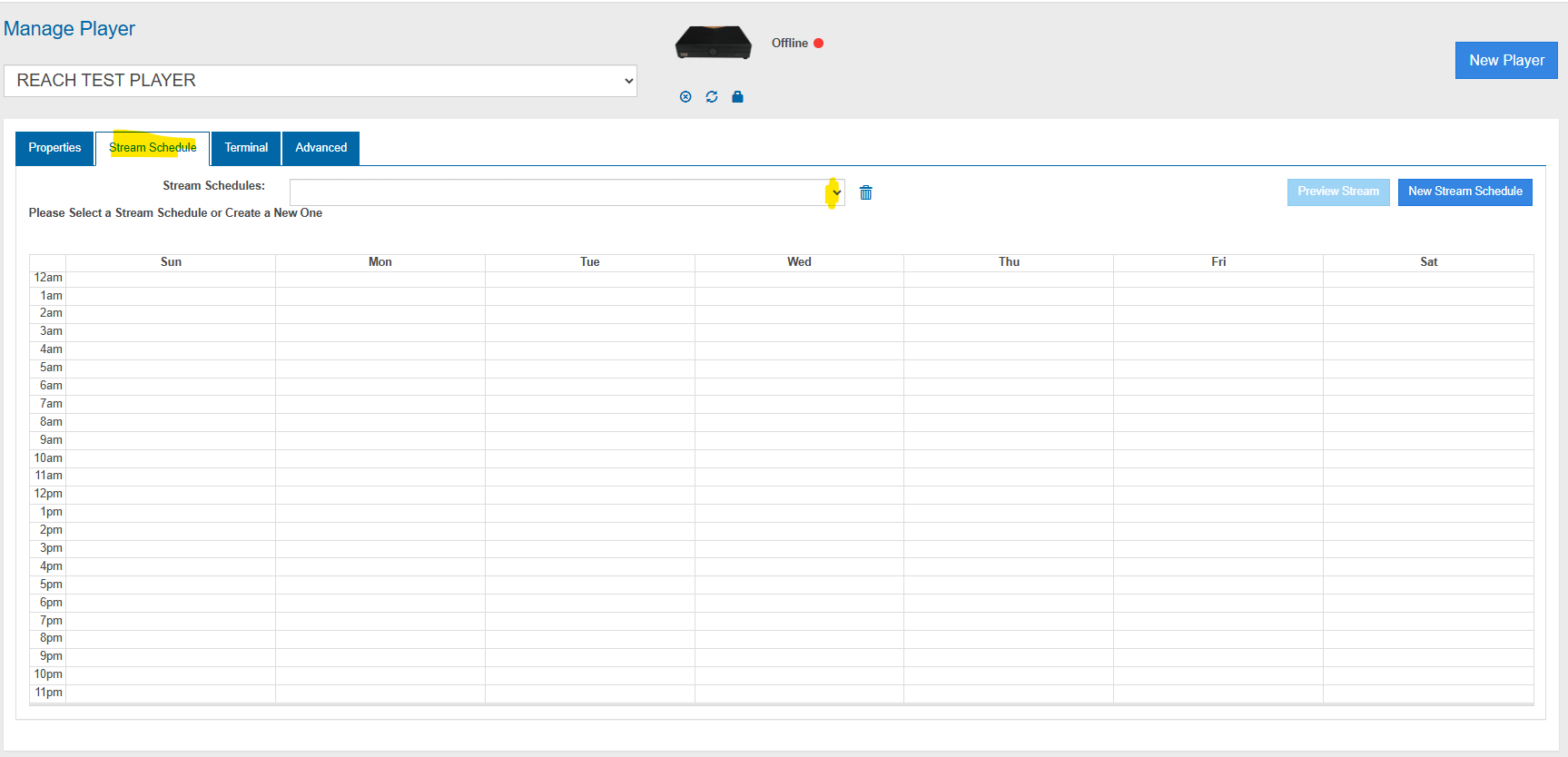 Stream Schedule Tab in Reach Media Network digital signage software CMS