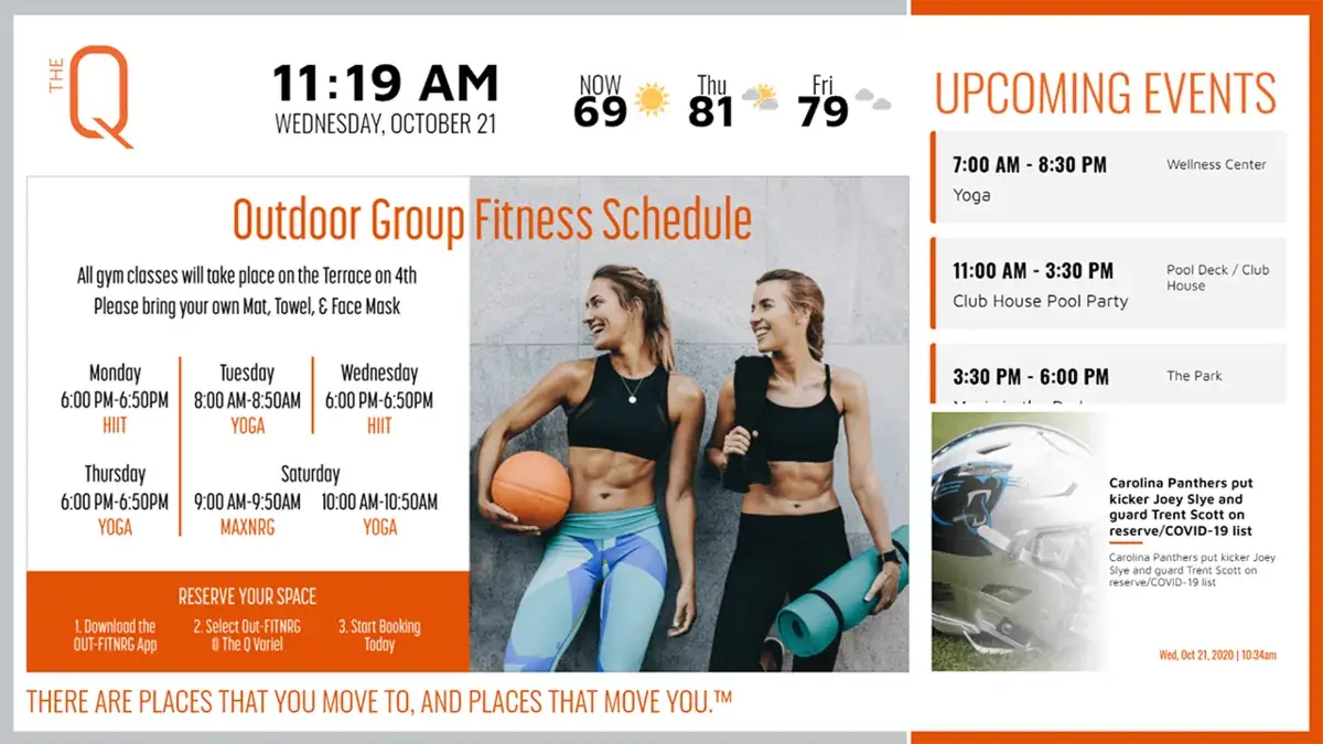 Reach-Media-Network-digital-signage-software-The-Q-fitness The Q fitness digital signage screen from Reach Media Network displaying outdoor fitness schedule, upcoming events, and sports news headlines.