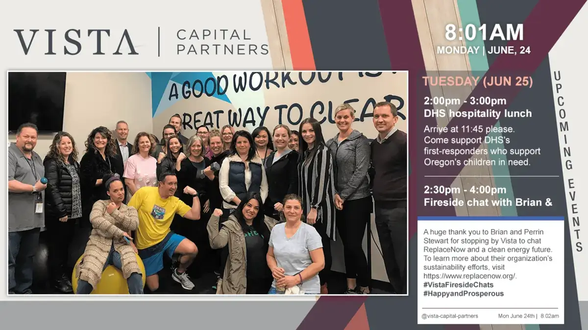 Reach-Media-Network-digital-signage-software-Vista-Capial-Partners Vista Capital Partners digital signage screen from Reach Media Network displaying upcoming schedule, facebook post, and corporate team photo.