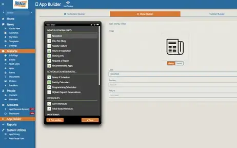 REACH Media Network mobile app builder CMS software screenshot of setting up the menu