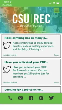 CSU digital screen mobile app home screen from Reach Media Network displaying twitter posts and other social icons.