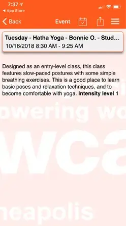 YMCA digital signage mobile app displaying events from Reach Media Network