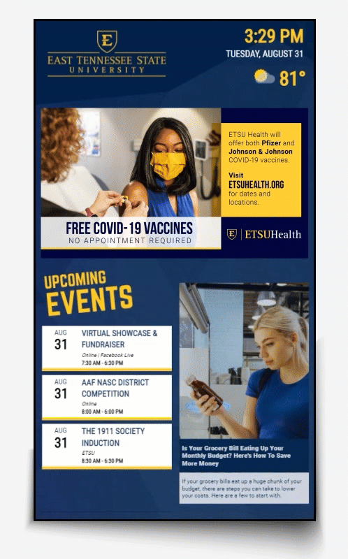 East Tennessee State University horizontal digital signage screen from Reach Media Network displaying upcoming events covid-19 announcements, and news headlines.