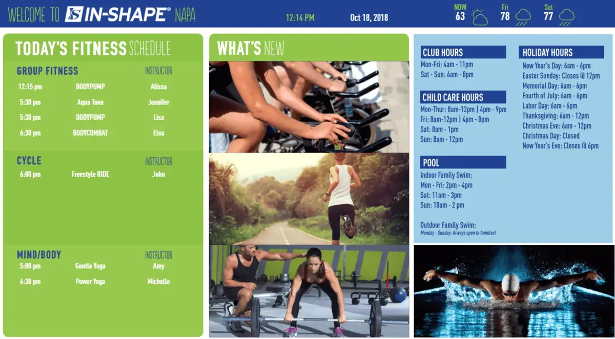 In-Shape Napa fitness digital signage video wall screen from Reach Media Network displaying daily schedule, announcements, and weather.