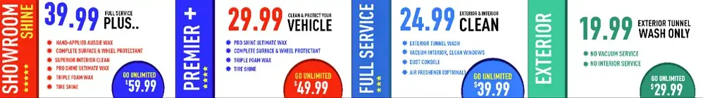 Red Carpet car wash digital signage video wall from Reach Media Network displaying service tiers and pricing.