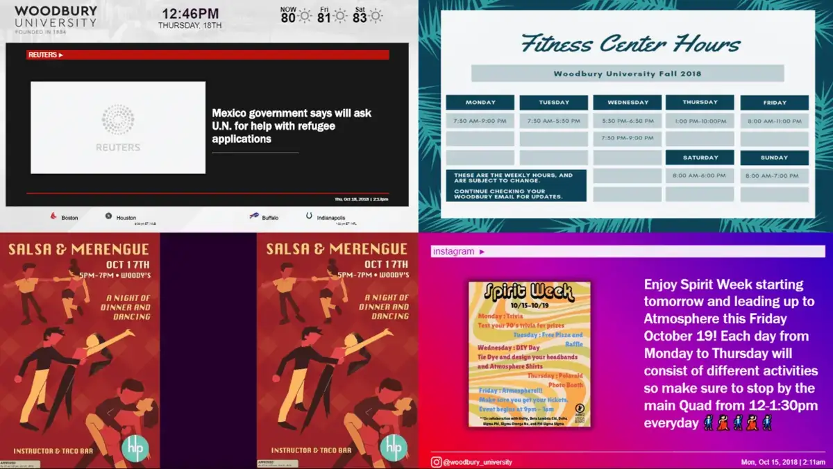 Woodbury University digital signage video wall from Reach Media Network displaying news, calendar, announcements, and social media.