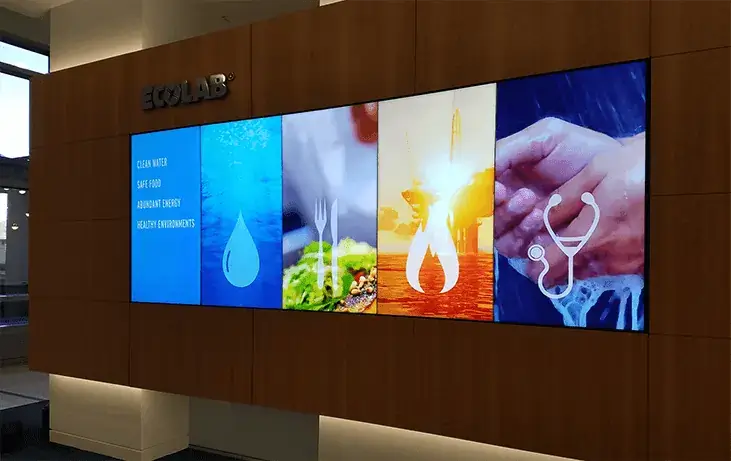 Ecolab digital signage video walls from Reach Media Network, 5 video displays, water, salad, fire, handwashing