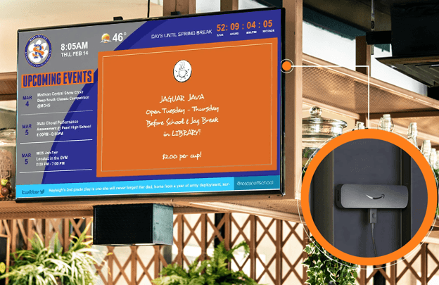 Amazon Fire Stick showcasing digital signage in a school setting with upcoming events, weather, ticker, and announcements