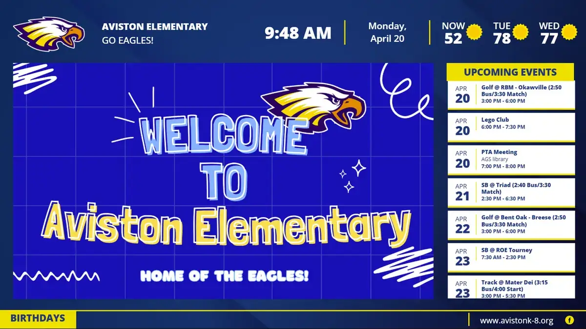 Reach Media Network K-12 school digital signage at Aviston Elementary displaying upcoming events, weather, date and time