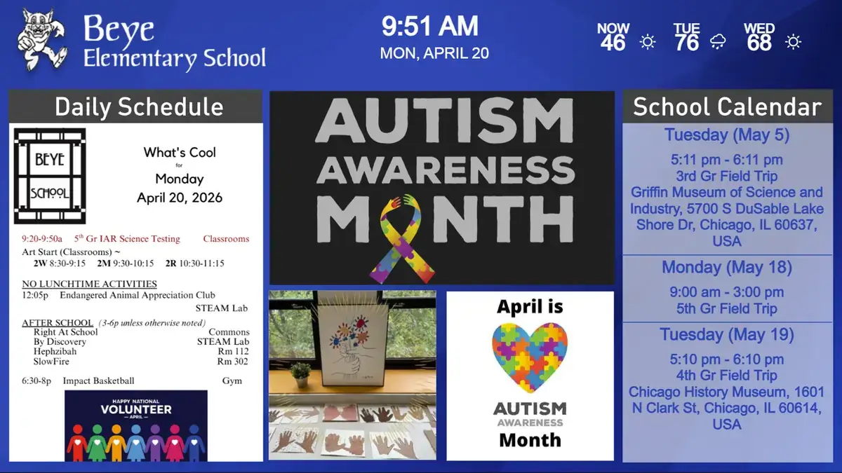 Reach Media Network K-12 school digital signage at Beye Elementary School displaying school calendar and schedule