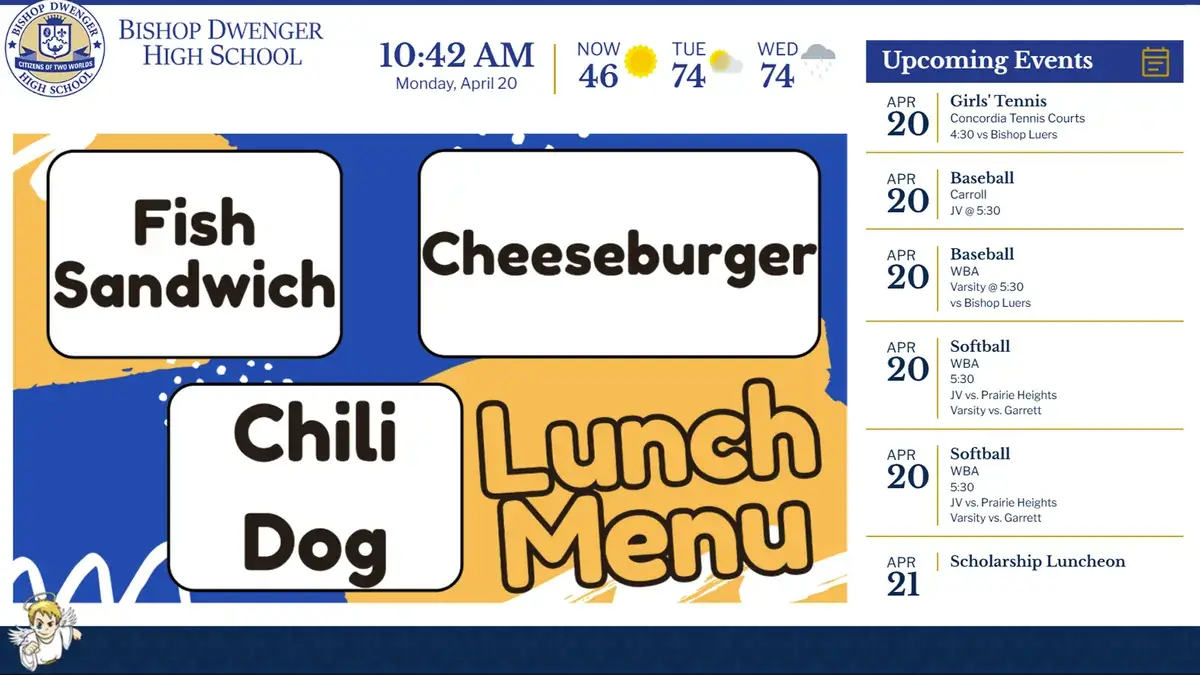 Reach Media Network K-12 school digital signage at Bishop Dwenger High School displaying lunch menu, upcoming events, weather, date and time