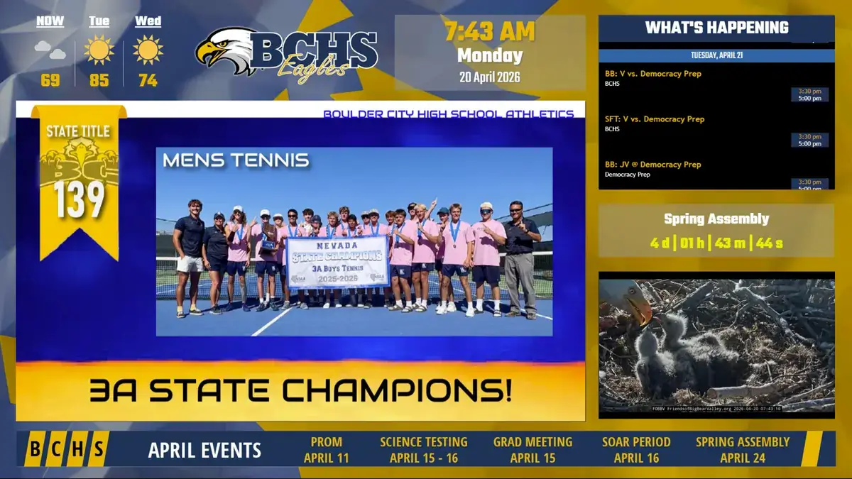 Reach Media Network K-12 school digital signage at Boulder City High School displaying events, athletics highlights, and weather