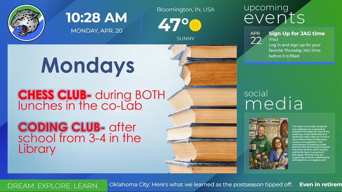 Reach Media Network K-12 school digital signage at Jackson Creek Middle School displaying events, schedule, social media feed, and Bloomington, IN weather