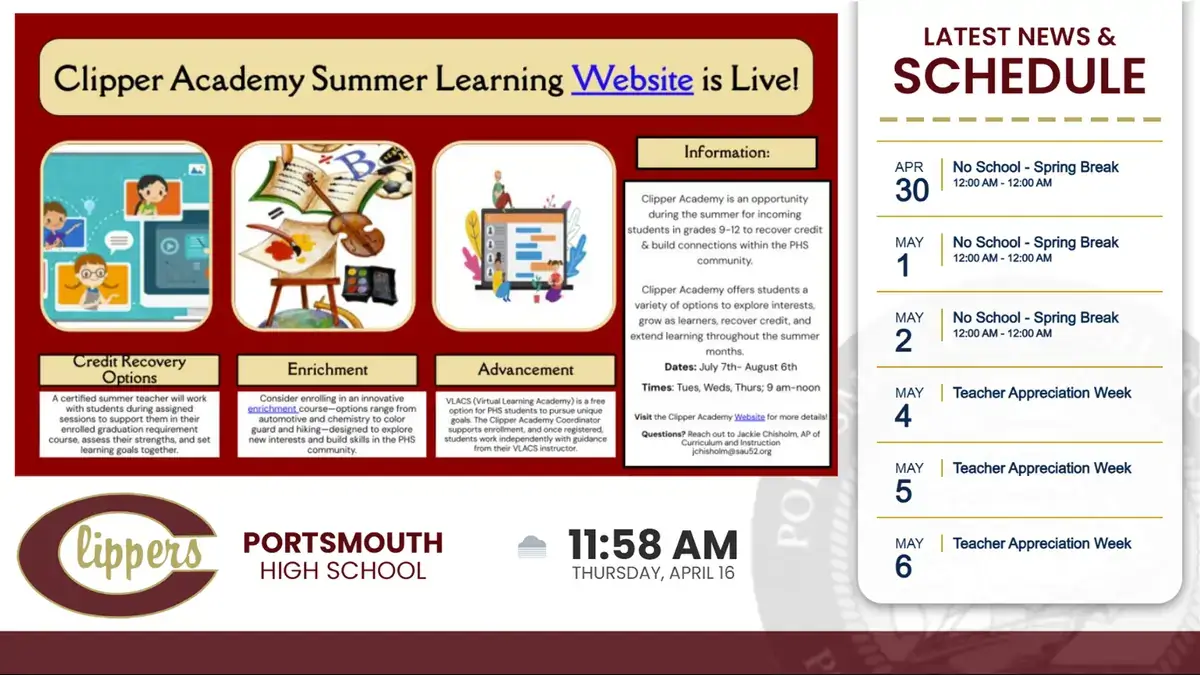 Reach Media Network K-12 school digital signage at Portsmouth High School displaying schedule and announcements