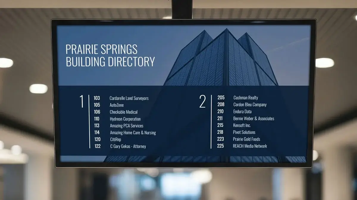 Prairie Springs Building directory digital signage by REACH Media Network