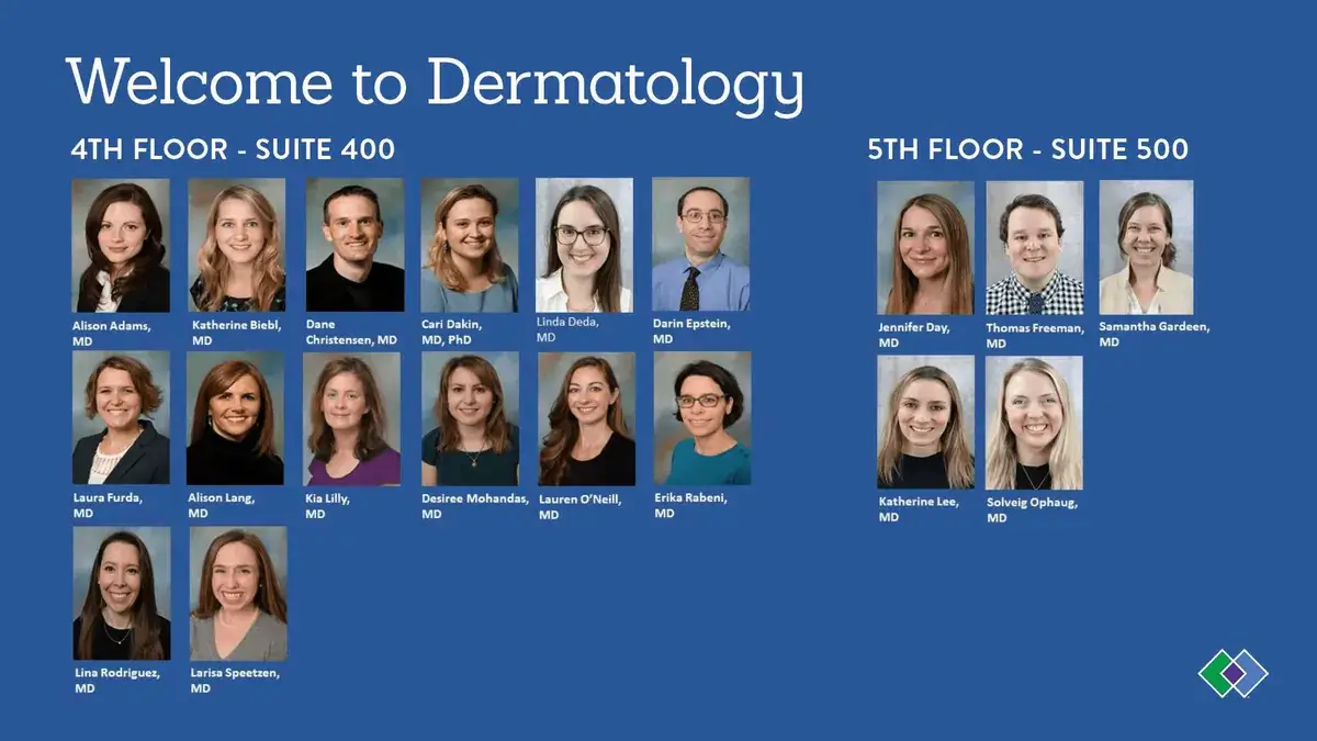 Dermatology clinic digital signage screen from Reach Media Network displaying employee directory.
