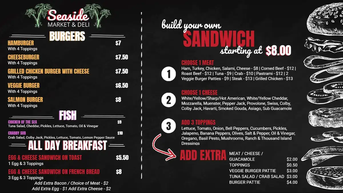 Seaside Market & Deli menu board digital signage screen from Reach Media Network
