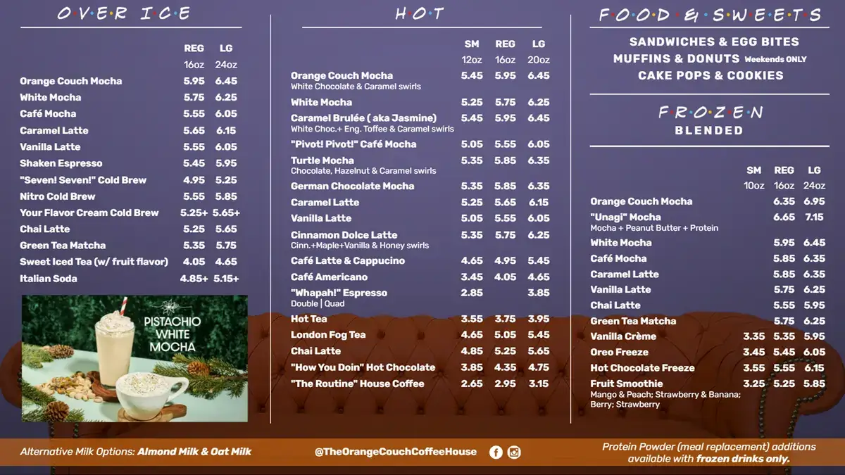 The Orange Couch Coffee House menu board digital signage screen from Reach Media Network