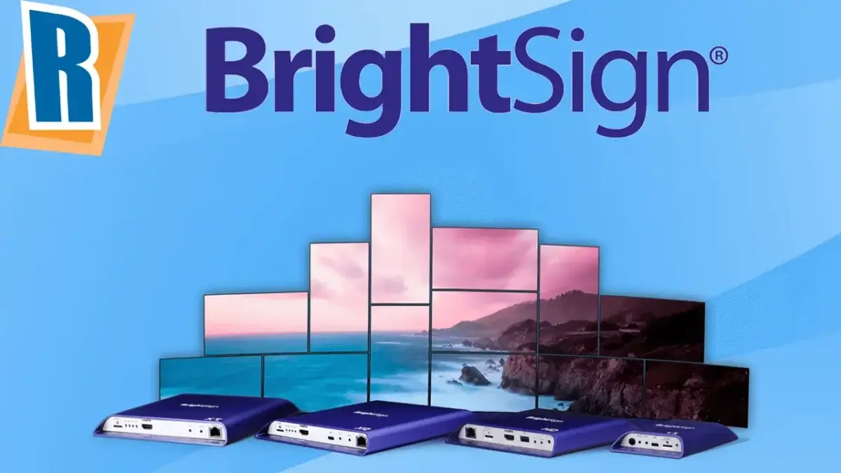 A lineup of BrightSign hardware and digital displays of different orientations.