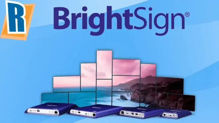 A lineup of BrightSign hardware and digital displays of different orientations.