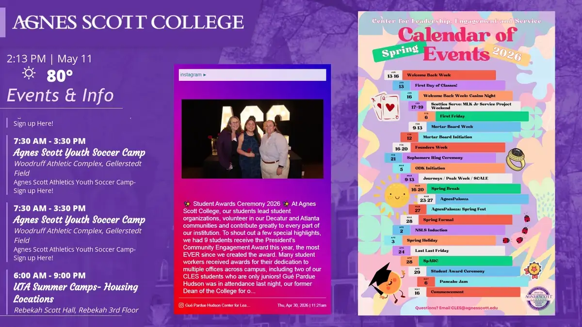 Agnes Scott College digital signage screen from Reach Media Network displaying events, Instagram feed, weather, date and time
