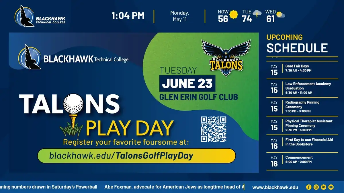 Blackhawk Technical College digital signage screen from Reach Media Network displaying announcements, schedule, news headlines, weather, date and time