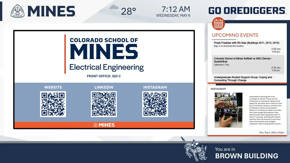 Colorado School of Mines digital signage screen from Reach Media Network displaying events schedule, Instagram feed, social media QR codes, weather, date and time