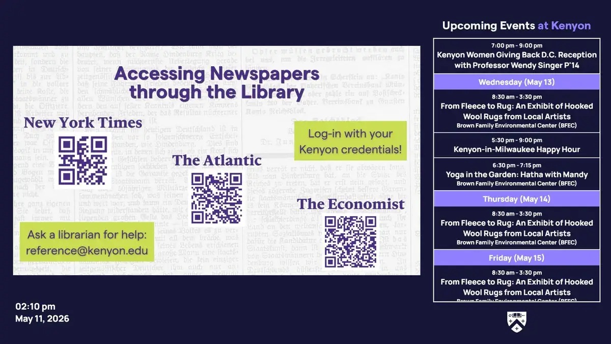 Kenyon College digital signage screen from Reach Media Network displaying events schedule and library newspaper QR codes