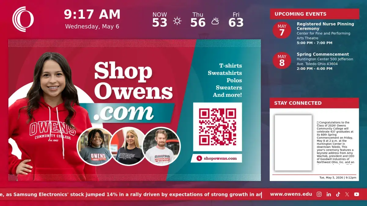 Owens Community College digital signage screen from Reach Media Network displaying upcoming events, announcements, social media feed, news headlines, weather, date and time
