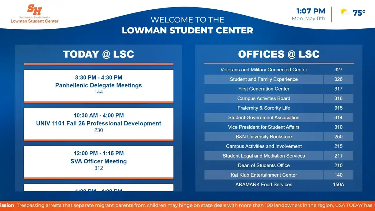 Sam Houston State University Lowman Student Center directory digital signage screen from Reach Media Network displaying office listings, schedule, news headlines, weather, date and time