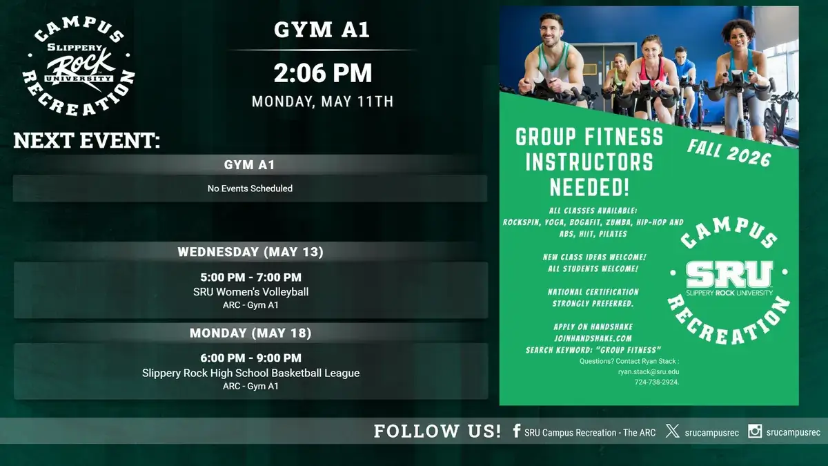 Slippery Rock University campus recreation digital signage screen from Reach Media Network displaying event schedule, promotions, date and time
