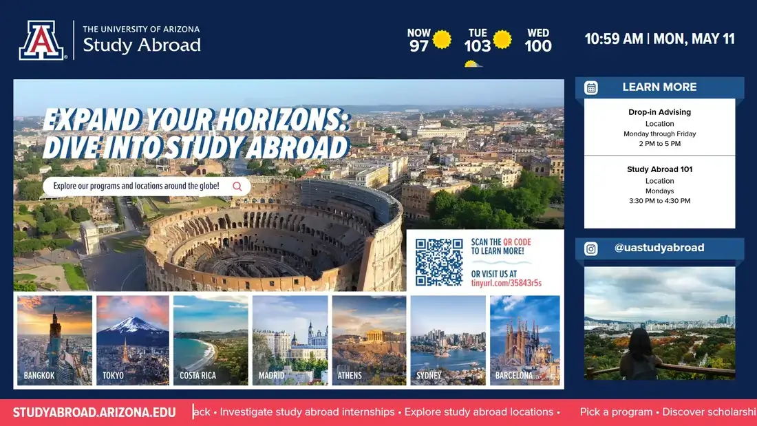 University of Arizona study abroad digital signage screen from Reach Media Network displaying event schedule, promotions, Instagram feed, weather, date and time