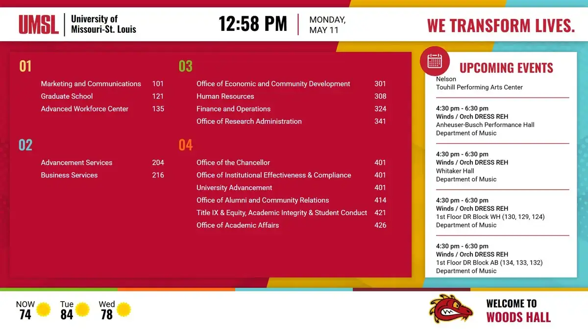 University of Missouri-St. Louis digital signage screen from Reach Media Network displaying Woods Hall directory, upcoming events, weather, date and time