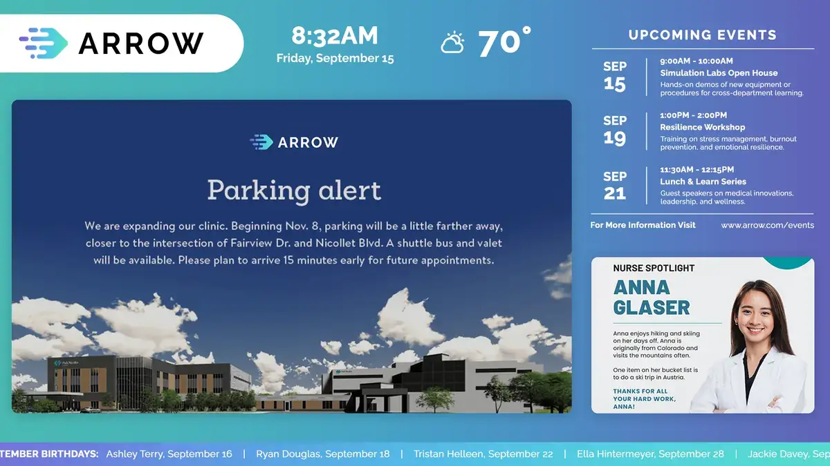 Arrow healthcare digital signage screen from Reach Media Network displaying announcements, upcoming events, employee spotlight, and birthdays