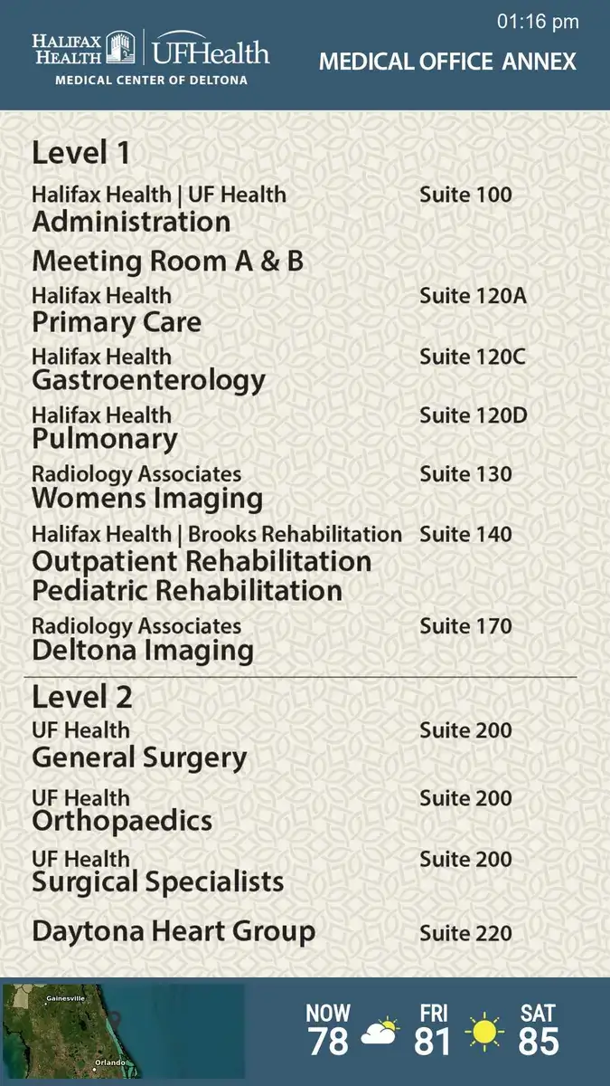 Halifax Health UFHealth Medical Center of Deltona digital signage screen from Reach Media Network displaying building directory, map, and weather
