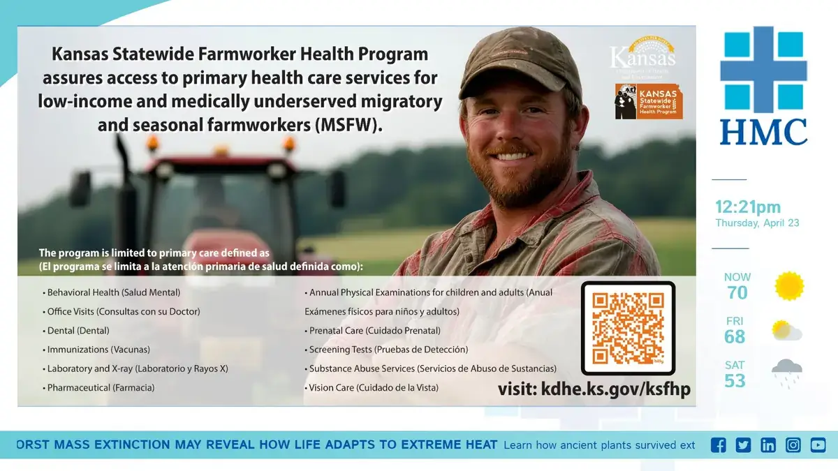 Health Ministries Clinic digital signage screen from Reach Media Network displaying announcements, news headlines, and weather