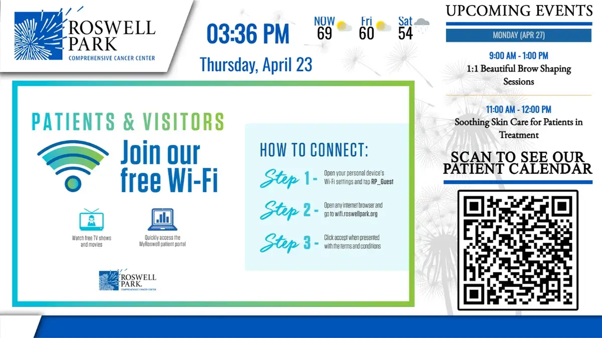 Roswell Park Comprehensive Cancer Center digital signage screen from Reach Media Network displaying WiFi instructions, weather and upcoming events