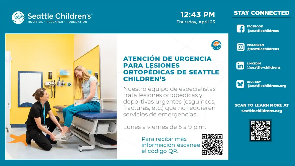 Seattle Children's Hospital digital signage screen from Reach Media Network displaying announcements and social media profiles