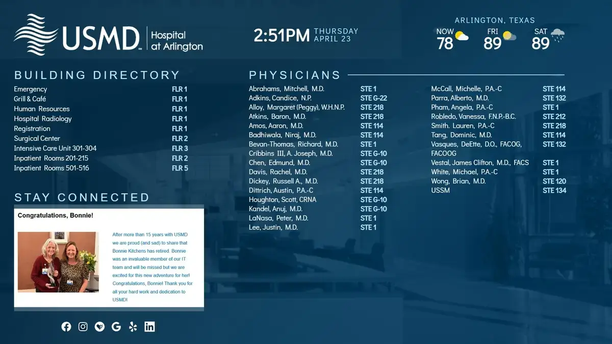 USMD Hospital at Arlington digital signage screen from Reach Media Network displaying building directory, social media feed, and weather
