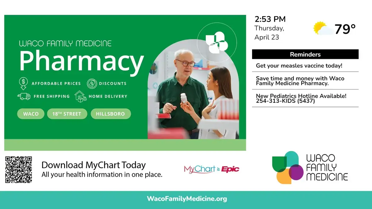 Waco Family Medicine healthcare digital signage screen from Reach Media Network displaying announcements, reminders, patient portal QR code, and weather