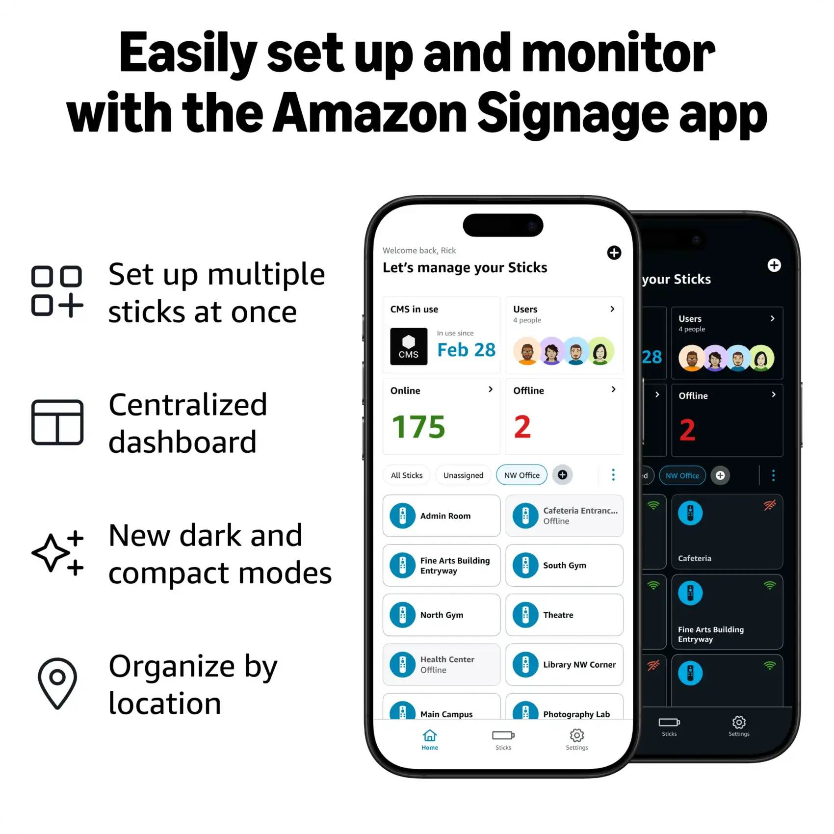 Amazon-Signage-Stick-Mobile-App-and-bullets-2026-scaled "Easily set up and monitor with the Amazon Signage app."