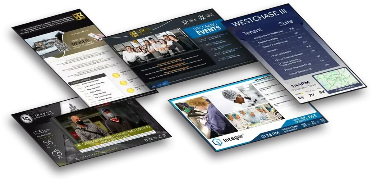 A compilation of signage display screens, powered by REACH Media Network.