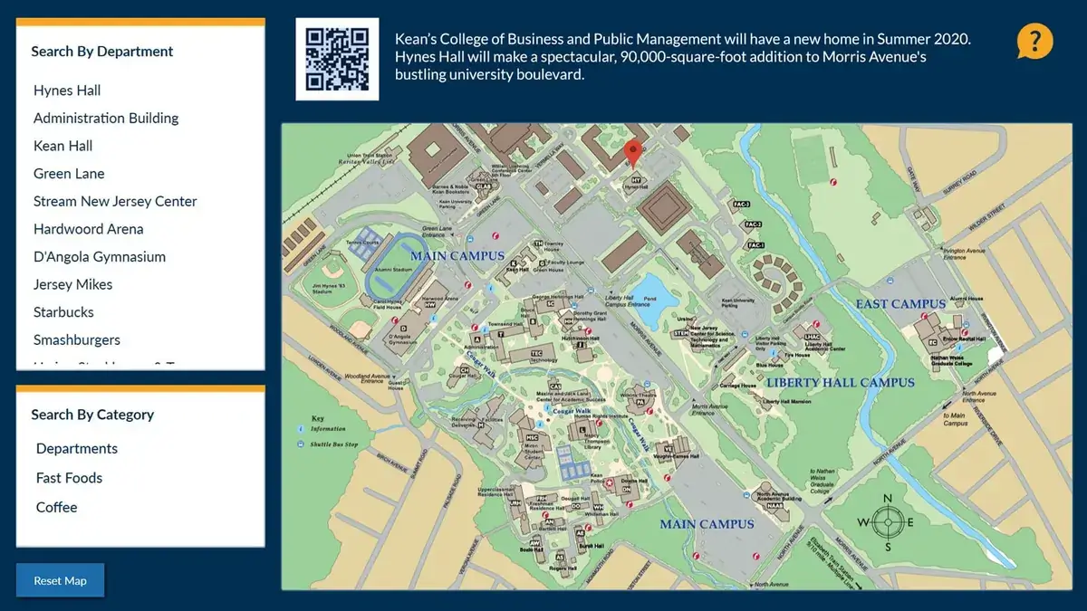 Kean University digital signage touch screen displaying interactive campus map.