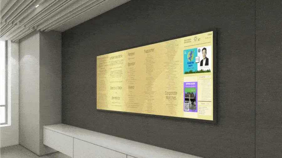 Reach-Media-Network-donor-walls-digital-signage-solutions A wide format digital display, showcasing a list of donors via REACH Metia Network.