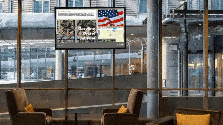 Reach-Media-Network-lobby-digital-signage-solutions Digital signage displaying social media, local weather map, by Reach Media Network.