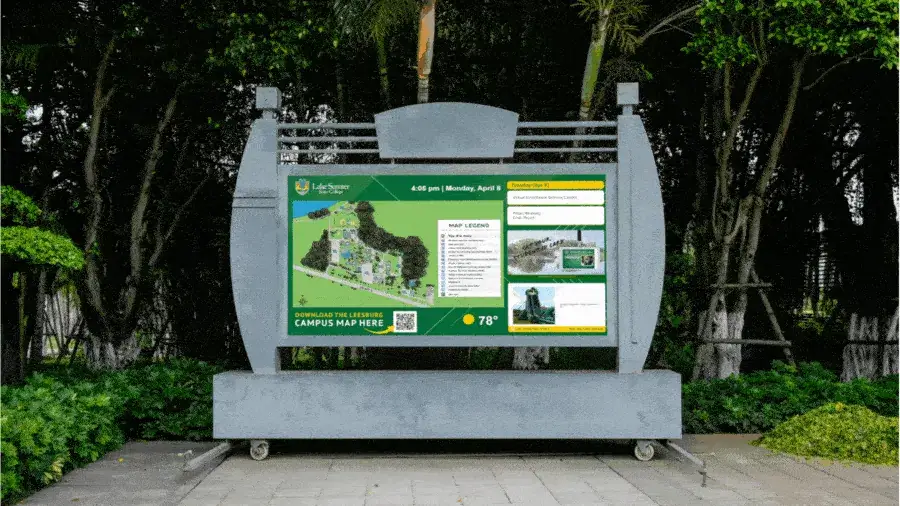 Reach-Media-Network-outdoor-displays-digital-signage-solutions Outdoor digital signage wayfinding kiosk, powered by REACH Media Network.
