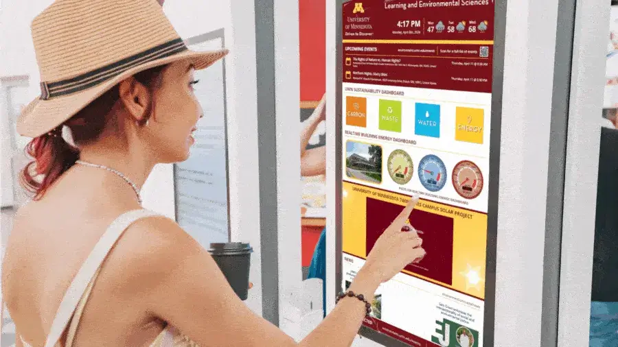 Reach-Media-Network-touchscreen-digital-signage-solutions A touch screen digital signage kiosk, powered by REACH Media Network.