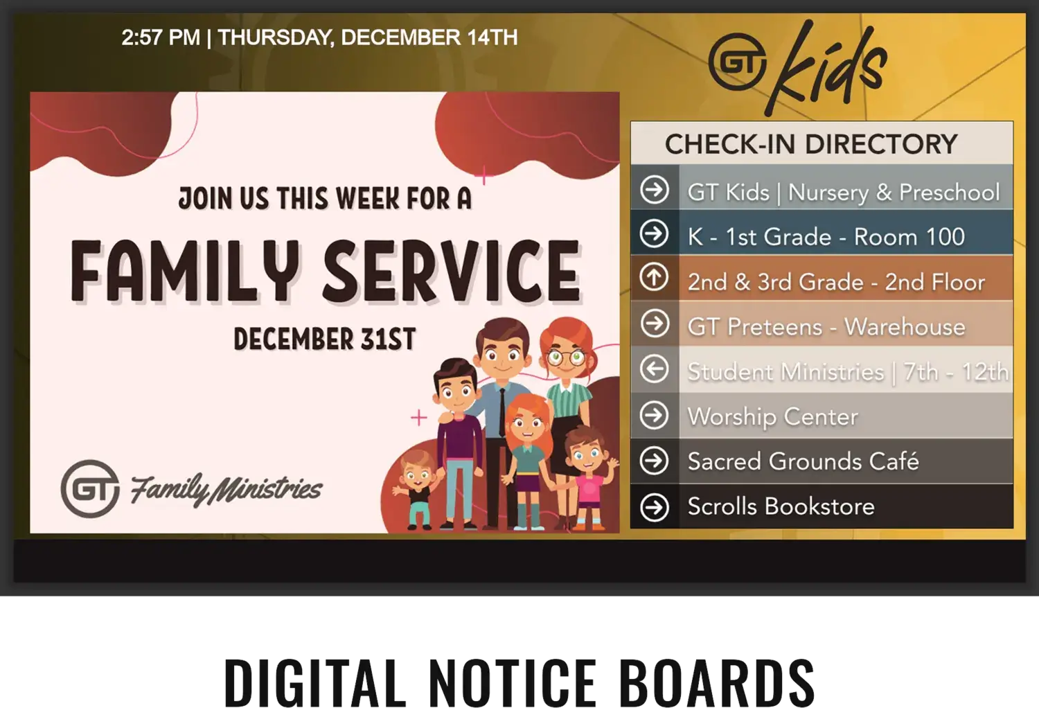 Youth ministry digital signage screen displaying building directory and announcements.
